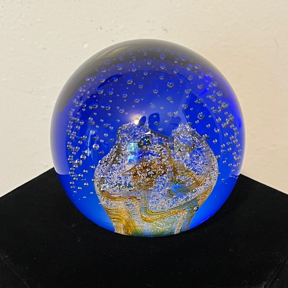 Caithness Scotland Nimbus‎ Halo Blue & Yellow Art Glass Paperweight Signed